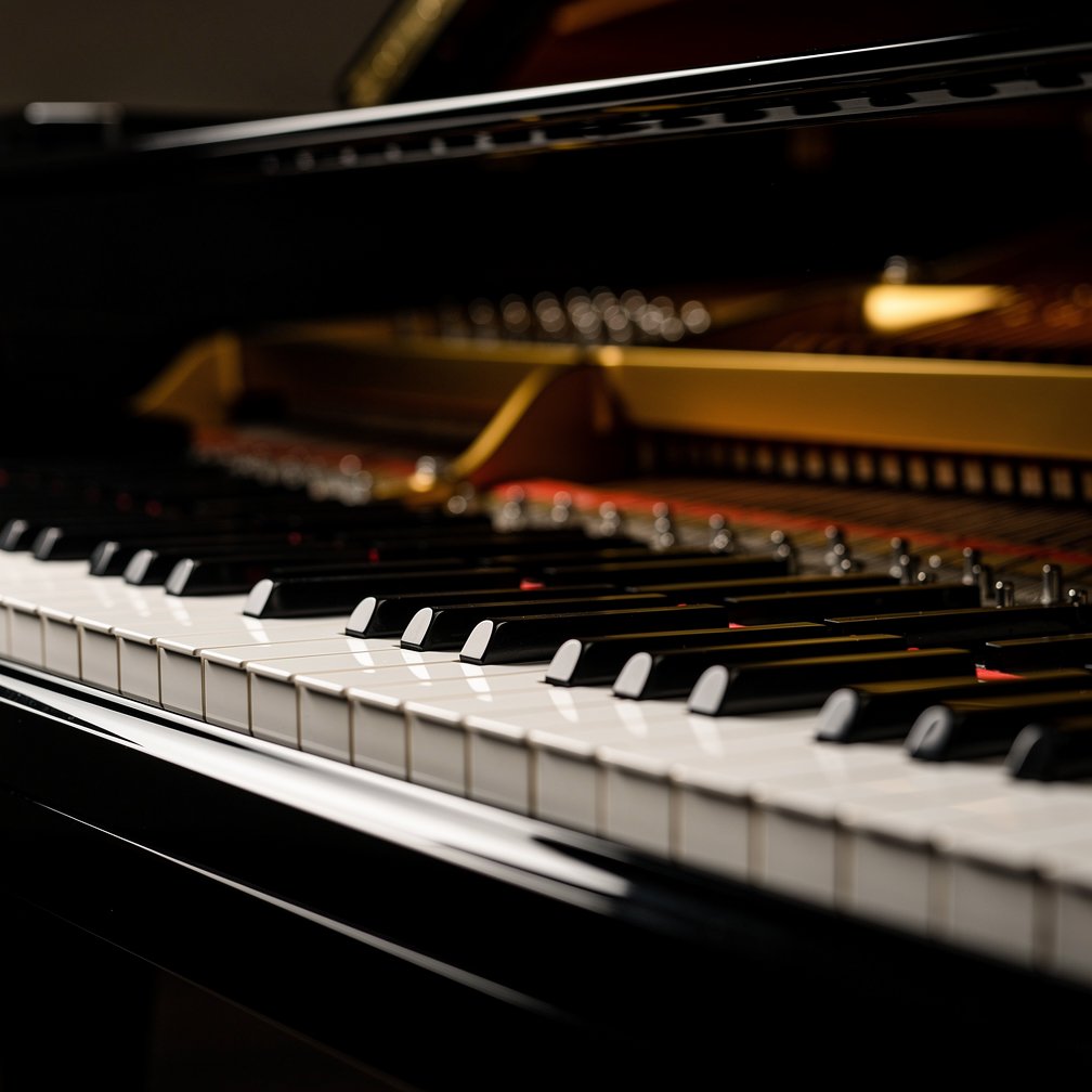 Professional atmospheric close-up photo of luxury piano keys and interior, elegant lighting, shallow depth of field, 8k resolution, musical atmosphere
